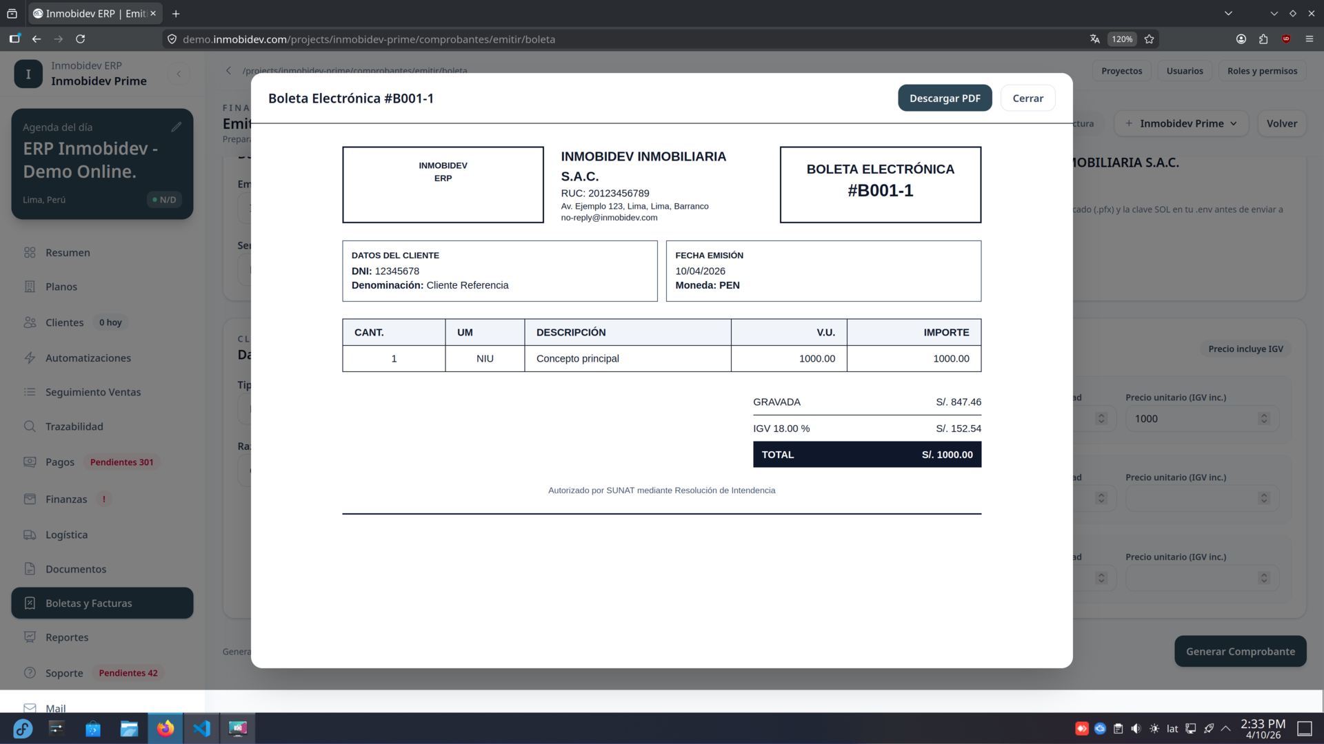 Inmobidev ERP — Facturación electrónica SUNAT integrada