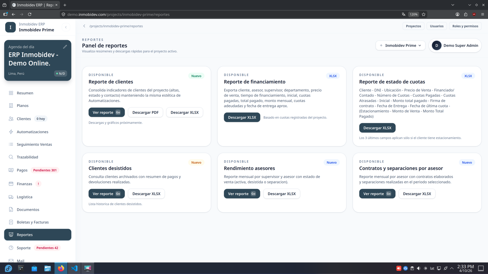 Inmobidev ERP — Reportes y análisis de ventas por proyecto