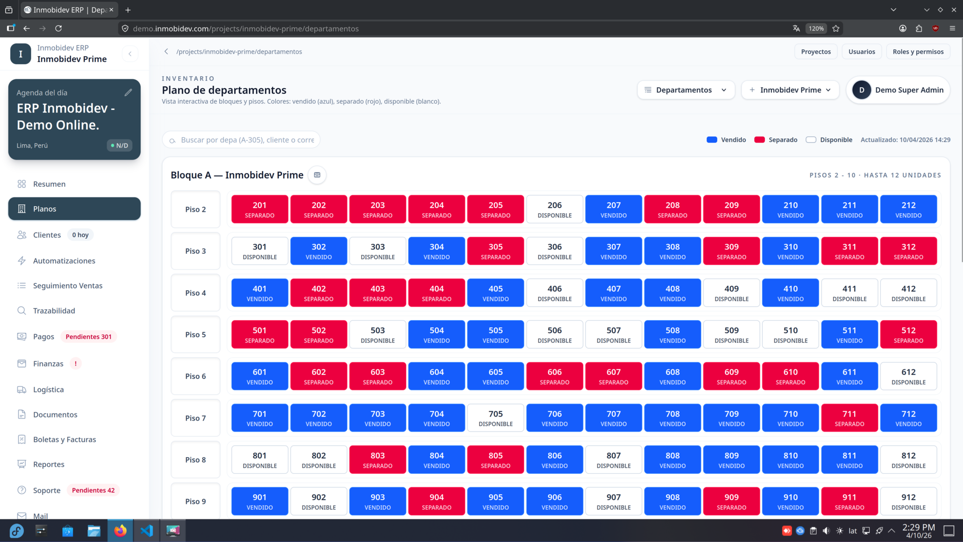 Plano de departamentos de demostración con estados disponible, separado y vendido en Inmobidev